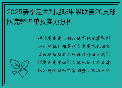 2025赛季意大利足球甲级联赛20支球队完整名单及实力分析