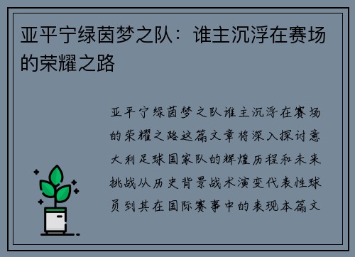 亚平宁绿茵梦之队：谁主沉浮在赛场的荣耀之路