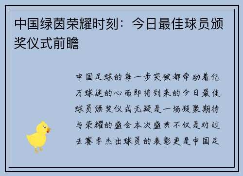 中国绿茵荣耀时刻：今日最佳球员颁奖仪式前瞻