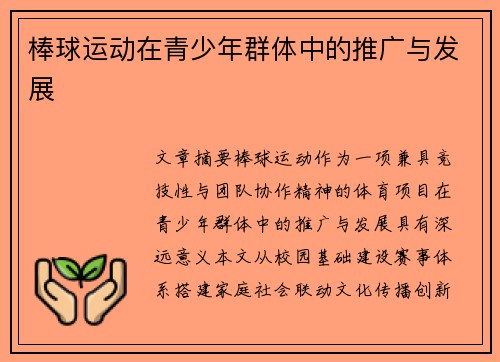 棒球运动在青少年群体中的推广与发展